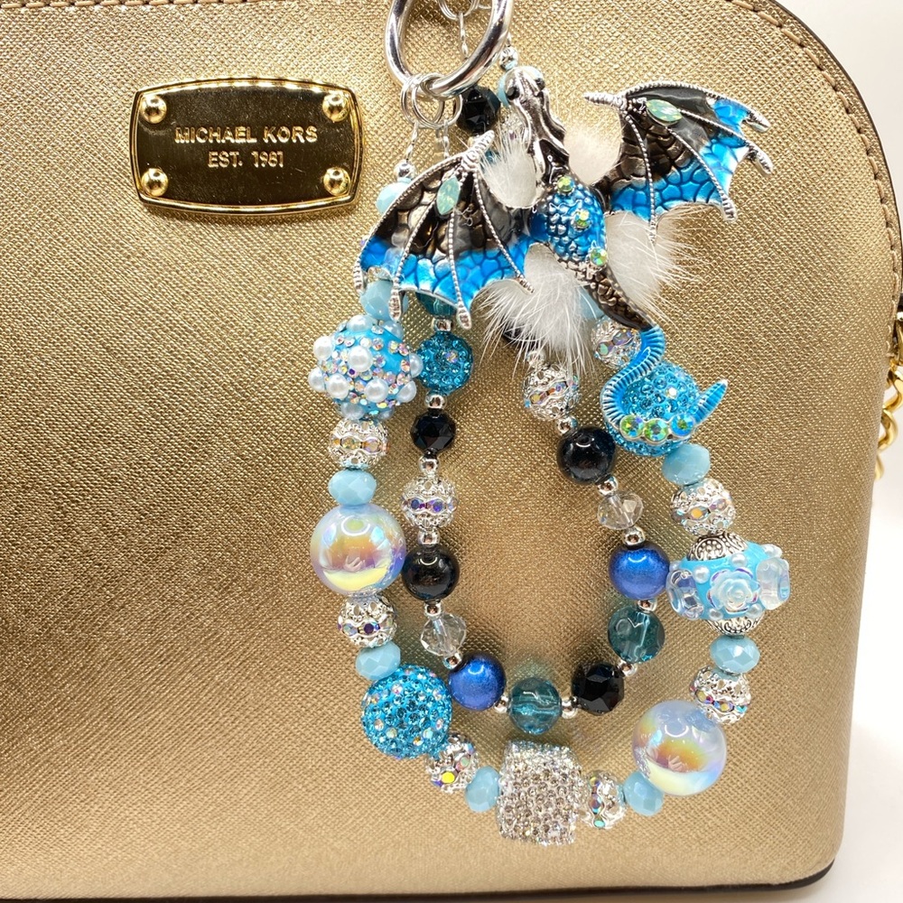 💜🩵🐉Luxury Bag/Phone Chain Charm/Keychain PURPLE or BLUE Flying Dragon Crystals